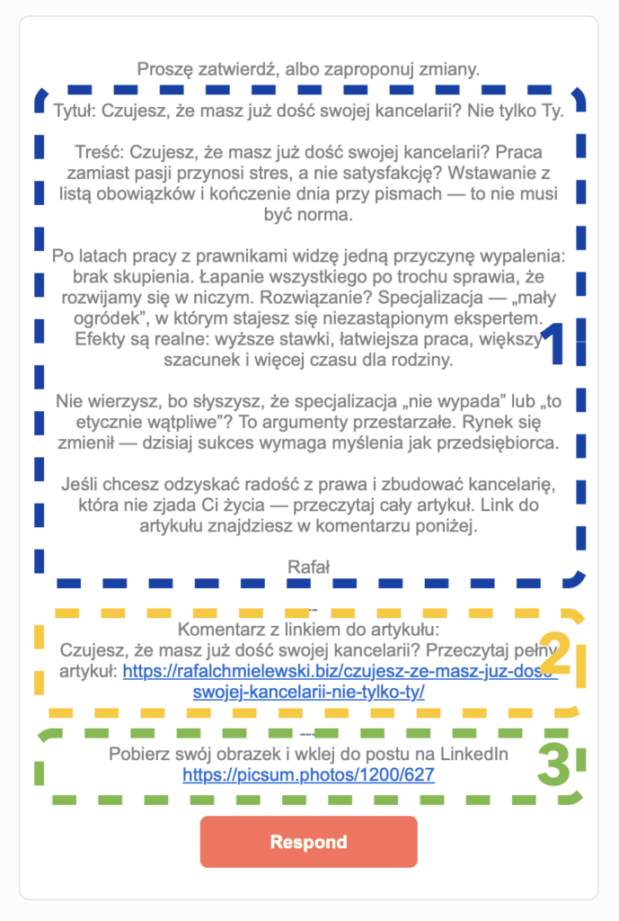 Wygląda maila, jaki codziennie przesyła Kosmiczny Wiesław - agent AI do promocji bloga prawniczego